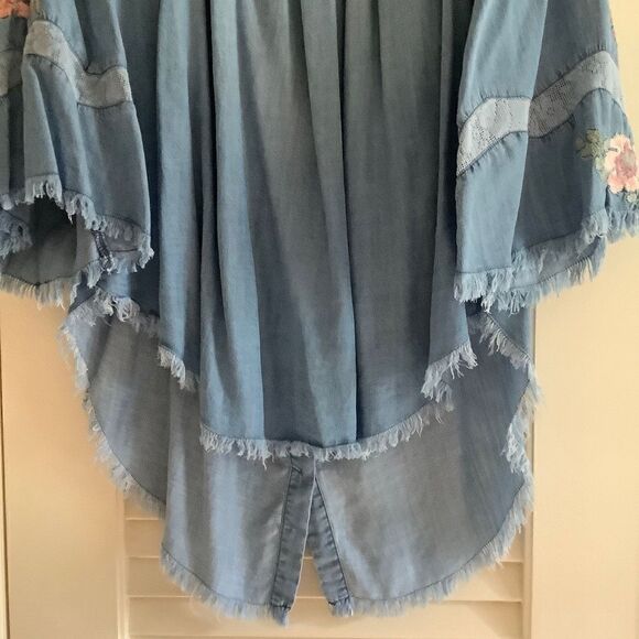DENIM Blue HIGH-LOW EMBROIDERED LACED SLEEVES OFF-ON OPEN SHOULDER TOP﻿ - Picture 9 of 15